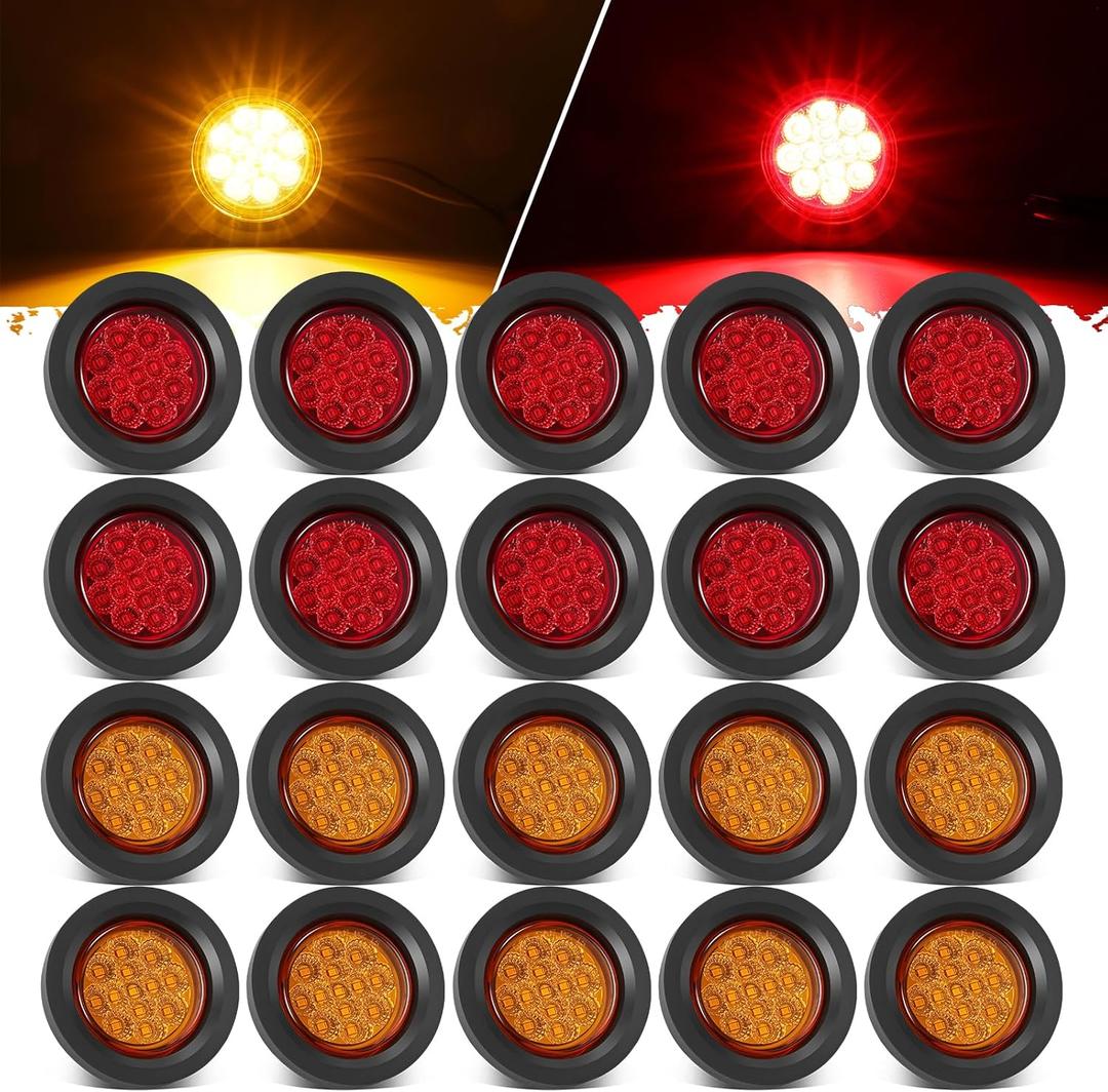 Partsam 20Pcs 2.5 inch Round 13LED Side Marker Clearance Lights with Pigtail and Grommets for Trailer RV Semi-trucks Flatbeds (10 Amber + 10 Red)