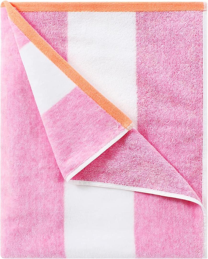 HENBAY Cotton Oversized Beach Towel - Large 70 x 35 Inch Pool Towel, Rose Red Striped Quick Dry Swimming Cabana Towel