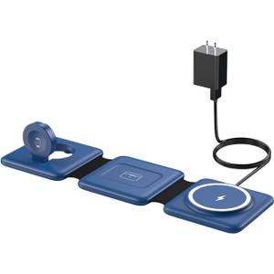 Charging Station for Apple Devices - 3 in 1 Magnetic Foldable Wireless Charger Dock - Travel Charging Pad for MagSafe iPhone 16 15 14 13 12 Pro Max Plus Watch & Airpods (Blue)