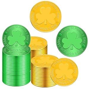 100 PCS St. Patrick's Day Coins - Lucky Gold Green Shamrock Clover Coins Party Favors for St. Patrick's Day Decorations, Irish Themed Party Supplies, Birthday, Parade Throws, Outdoor Treasure Hunts