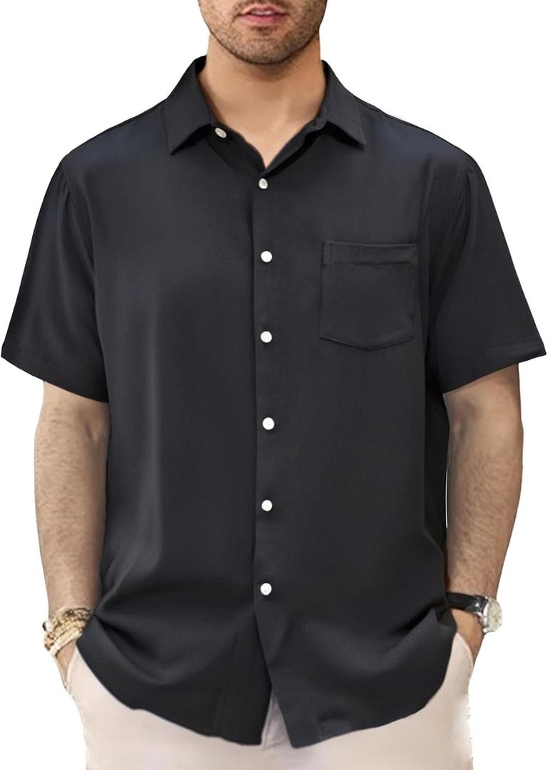 GSOU SNOW Mens Hawaiian Shirt Quick Dry Short Sleeve Tropiacl Floral Button Down Shirts for Beach Summer Vacation (Black, L)