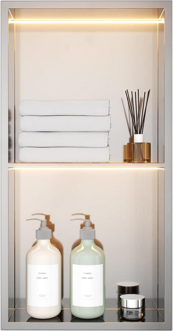 Stainless Steel LED Lights Shower Niche 12"x24" - No Tile Needed Double Shelves Recessed Wall Niche for Bathroom Storage, Brushed, W12" x H24"