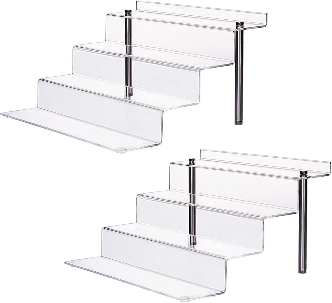CECOLIC Acrylic Riser Shelf 4 Tier Clear Display Stand for Collectibles Pop Figures, Cupcakes, Perfumes, Display Risers for Decorating & Organizing - 11.8 x 10.8 x 6.5 in (Large, 2 Pack)