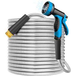 Stainless Steel 25FT Garden Hose with 10 Functions, Adjustable Spray Nozzle, Flexible Durable No Kink Leak Dog Proof Metal Water Hose for Yard Lawn