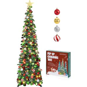 5 FT Pop Up Christmas Tree with Timer Lights and Decorations, Green Artificial Tinsel Christmas Tree with 24 Ball Ornaments, Collapsible Pencil Tree for Home, Office, Holiday Party (Colorful Green - White Edges)