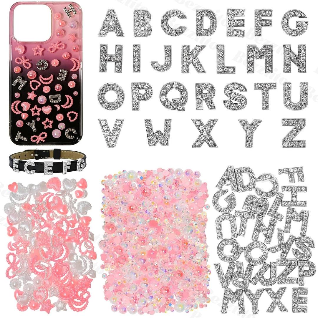 2 x Pink Mix Pearls Rhinestones, Junk Case Charms, A-Z Alphabet Letters Charms