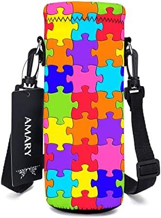 AMARY 750ML Neoprene Water Bottle Carrier Bag with Adjustable Shoulder Strap,Insulated Water Bottle Cover for Stainless Steel/Glass/Plastic Bottles 24OZ (Color puzzle)