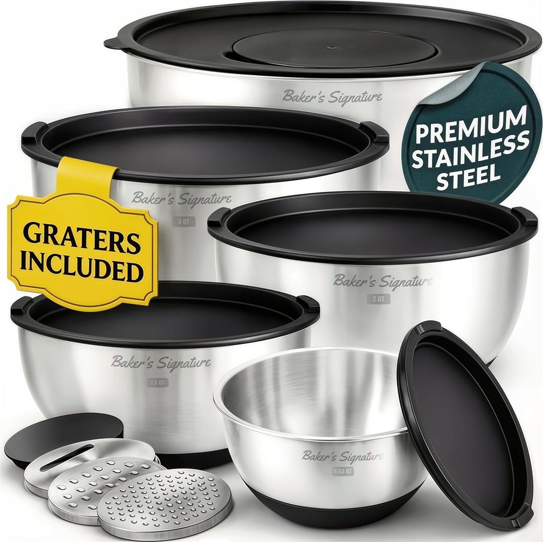 Baker's Signature Stainless Steel Mixing Bowls with Lids Set, 5 Sizes, 3 Graters, Non-Slip Base, Airtight Lids, Metal Mixing Bowls for Kitchen, Food Prep, Storage, 0.63QT-5QT, Black