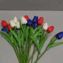 18 Pcs 13 Inches Artificial Tulip Flowers Bouquet, Red White Blue Faux Tulips with Green Leaves, Patriotic Flower Stems for Home Decor, 4th of July, Memorial Day, and Cemetery Grave Floral Arrangement