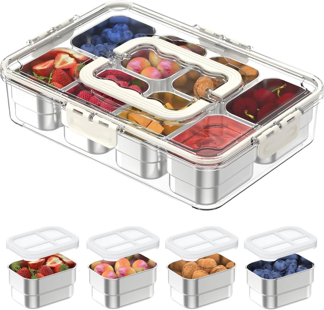 Snackle Box Container,8 Compartment Stainless Steel Food Storage with Silicone Lid & Handle,Clear Divided Fruit Nut Veggie Tray for Kitchen, Picnic, Party