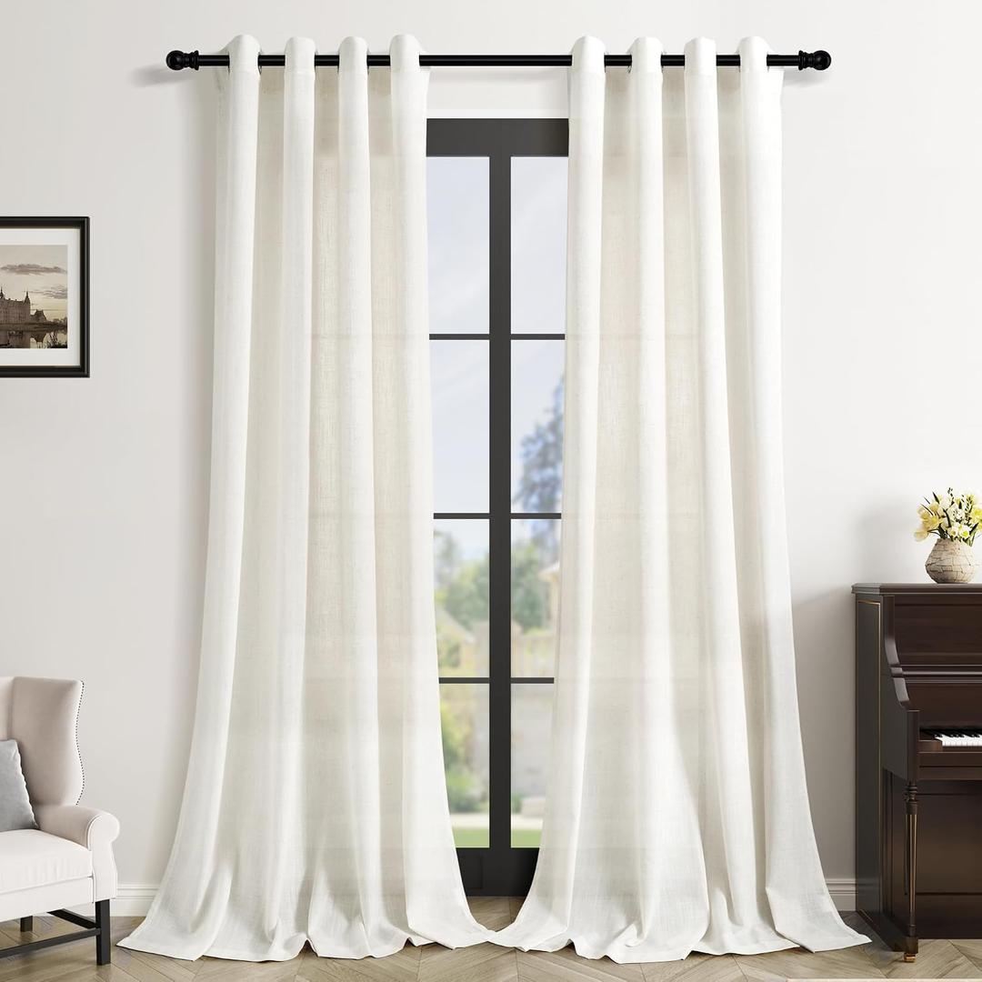 102 Inches Long Cream Living Room Curtains 2 Panels Set Grommet Ring Top Linen Drapes for Patio Sliding Door Light Filtering Modern Bohemian 102 Inch Curtain for Large Window Dining Office Bedroom