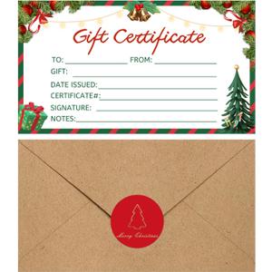 30 Pack Gift Certificates for Business with 30 Kraft Envelopes 30 Stickers for Holiday Christmas Small Business Restaurants Spa Beauty Makeup Hair Salon