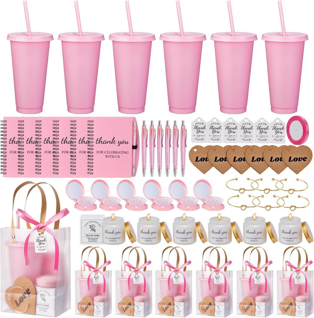 56Pcs Baby Shower Prizes for Game Winners Baby Shower Favors Gifts including Plastic Tumbler Notebook Scented Candles Ballpoint Pen Mirrors with Hair Brushes Bracelet Gift Bag (Pink)