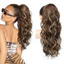 REECHO Ponytail Extension, 24" Claw Clip Ponytail Extension Wavy Ponytails Hair Extensions Jaw Clip on Pony Tails Natural Synthetic Hairpiece for Women Daily, Chestnut Brown with Golden Highlights