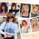 Short Brown Wavy Wig with Bangs for women Light Brown Curly wig Shouder Length Bob Curly Wavy Wig Ombre Brown Wig with Dark Roots Synthetic Natural Wavy Heat Resistant Fiber Hair for Daily Use 14 Inch