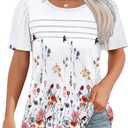 OFEEFAN Womens T Shirts Short Sleeve Tops Dressy Casual Blouses Spring Summer Outfits Flowy Pleated Front Scooped Neck (3X-Large, 3-floral Red)
