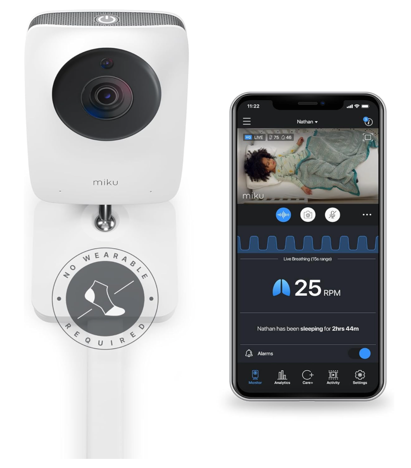 Miku Pro Smart Baby Monitor with Camera, Track Live Breathing with No Wearable, Real-Time Alerts, Sleep Analytics, 1080p Wi-Fi Video, Night Vision, and 2-Way Audio, Wall Mount Included