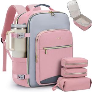 LOVEVOOK 40L Travel Backpack for Women & Men, Airline Approved Carry On Luggage with 3 Packing Cubes, TSA Overnight Bags, Waterproof Personal Item Bag, Weekender Essentials Backpacks Fits 17" Laptop, Pink-Light Grey