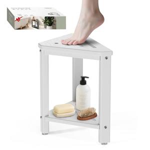 Shower Foot Rest 15in, HDPE Waterproof Shower Stool for Inside Shower, Corner Shower Stool for Shaving Legs with Storage Shelf for Small Space, Shower Step Stool, Plastic Corner Shower Bench, White