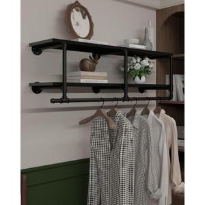 Wall Mounted Clothes Rack 12 Inch Deep, 48 Inch Heavy Duty Garment Rack with Real Black Wood Shelf, Multi-Purpose Hanging Rod & Space-Saving Closet Storage Organizer