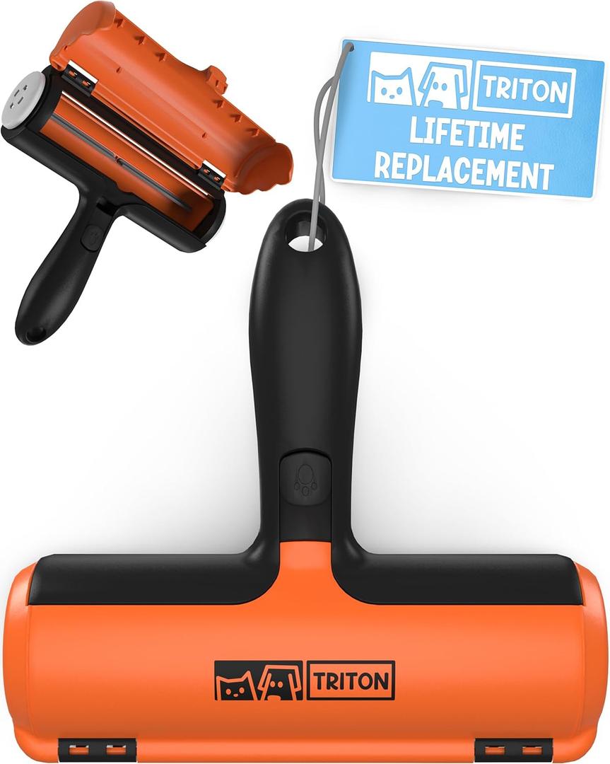 Triton Pet Hair Removal Tool w/Trapping Compartment - Easy to Use Pet Hair Roller, Hair Remover Tool - Cat and Dog Hair Remover - Pet Hair Remover for Furniture, Couch, Bedding, Clothes, Car (Orange)