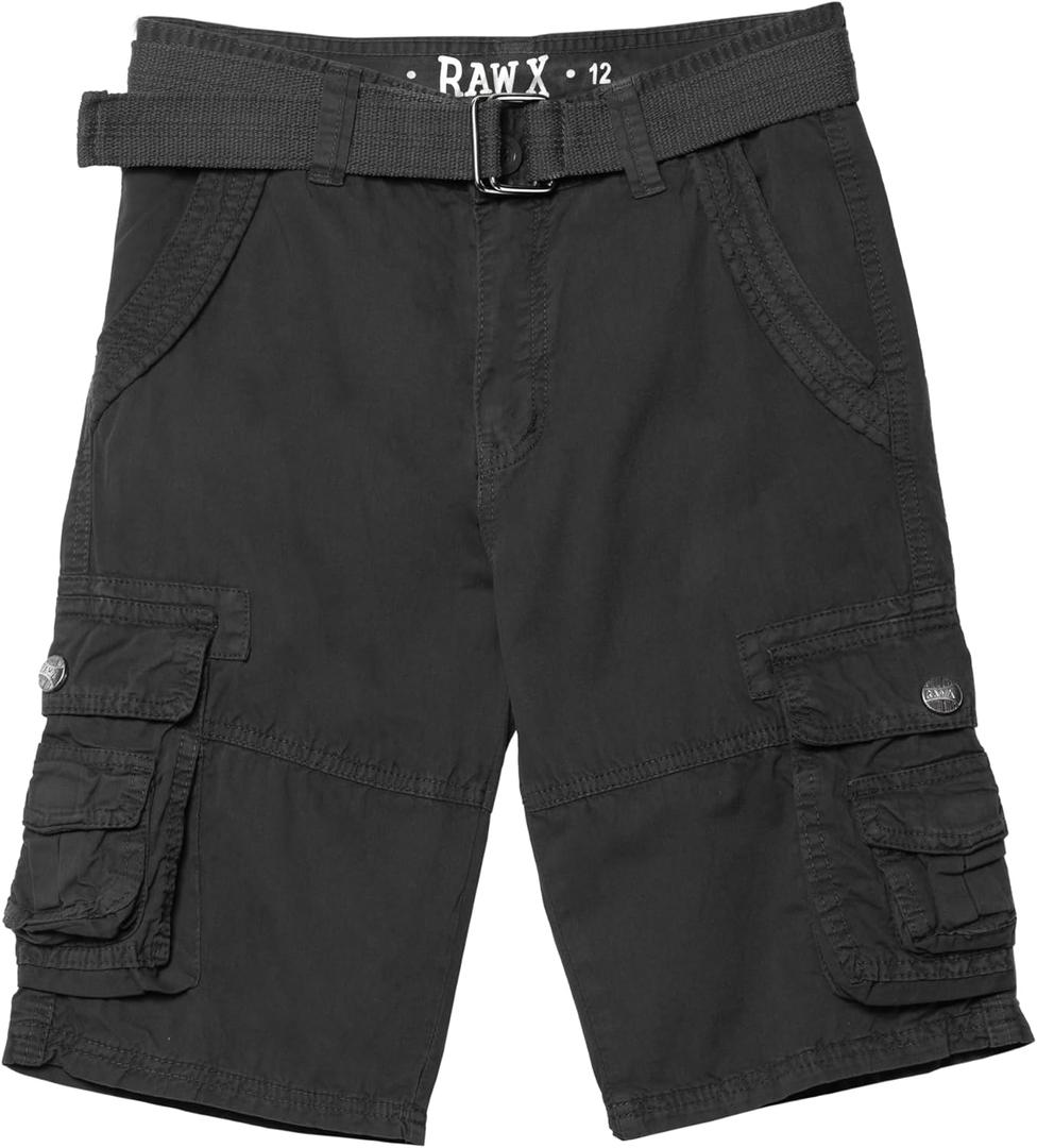Raw X Boys Cargo Shorts 8-18 | 100% Cotton Belted Twill Boys, Teen and Youth Cargo Short | (19021 - Charcoal) 18