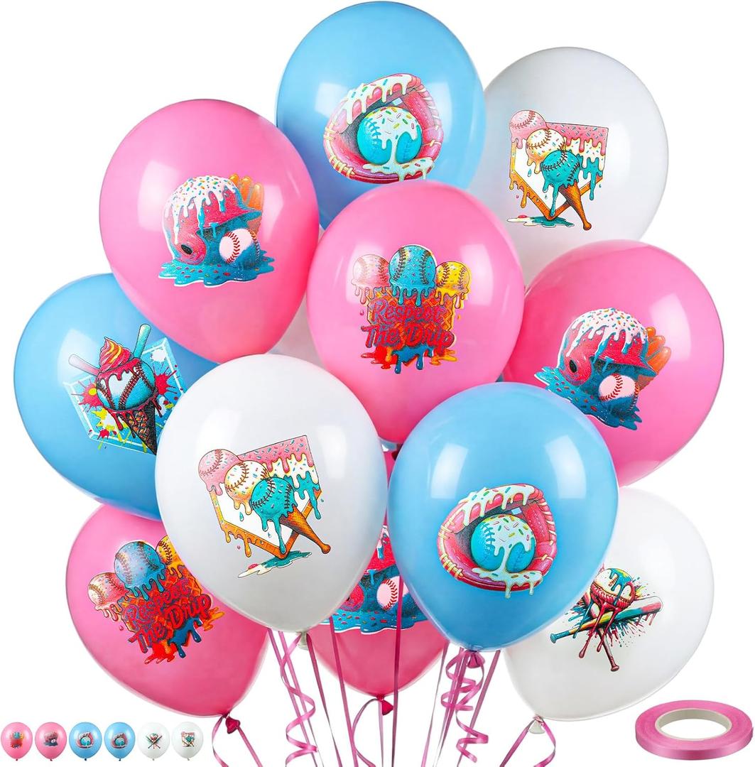 Seenelling 30 Pcs 10 Inch Ice Cream Drip Baseball Balloons with 32.8 ft Ribbon Pink and Blue White Baseball Balloon Decorations for Sport Themed Birthday Baby Shower Graduation Party Backdrop Supplies