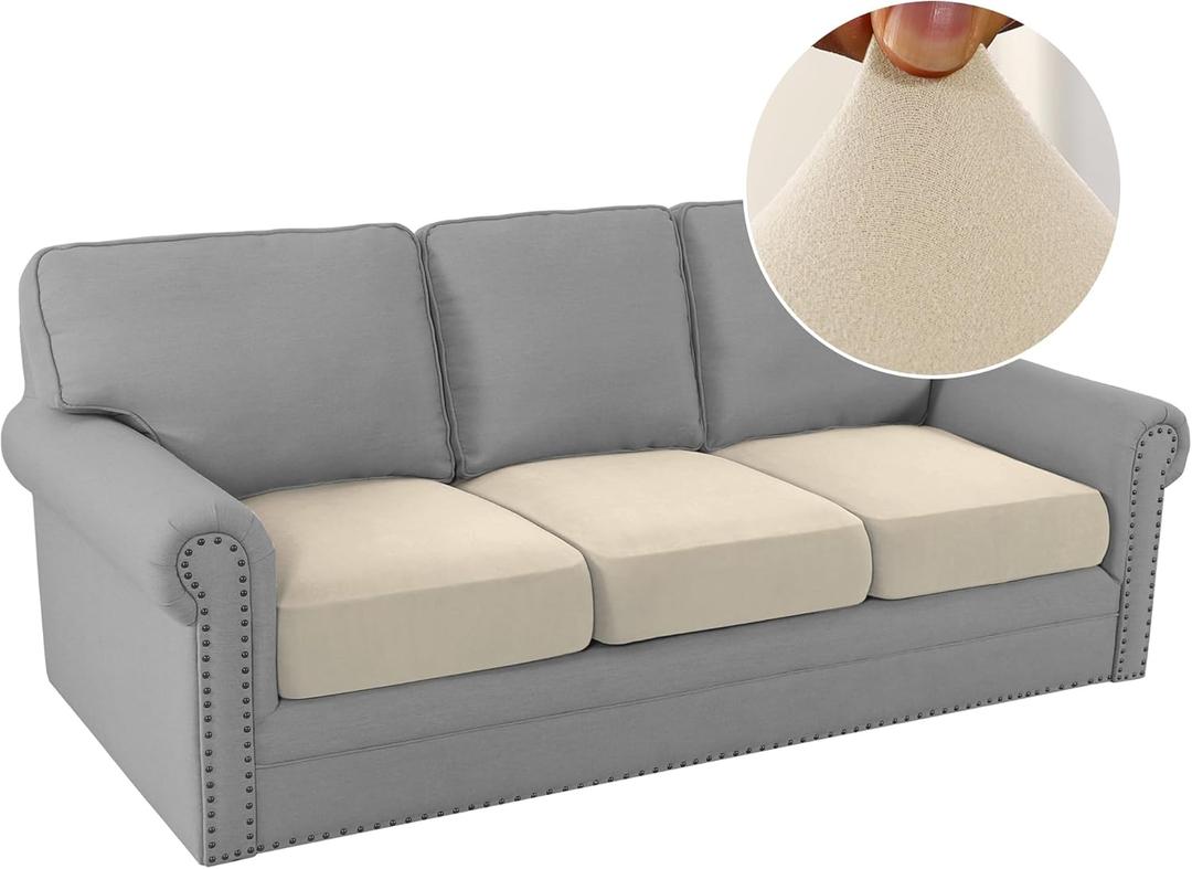 H.VERSAILTEX Fleece Couch Cushion Covers Stretch Couch Covers for 3 Cushion Couch Sofa Thick and Soft Couch Covers Washable (3 Piece Sofa Cushion Cover, Ivory)