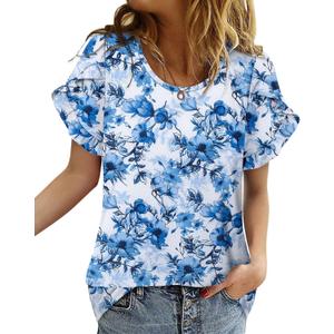 CRAZY GRID Women's Shirts Summer Casual Crewneck Ruffle Short Sleeve Blouses Cute Floral Print Tunic Tops (S)