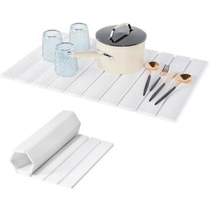 Dish Drying Mat for Kitchen Counter, 24"  16" Large Stone Drying Mat, Foldable Quick Dry Stone Mats, Ultra Absorbent Diatomaceous Earth Dish Mat for Dishes, Bottles, Cups, White