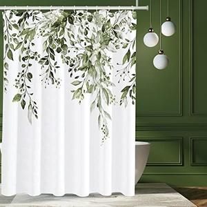Olive Green Eucalyptus Shower Curtain Sets, Watercolor Leaves on The Top Plant with Floral Bathroom Decoration 72x72 Inch with Hooks