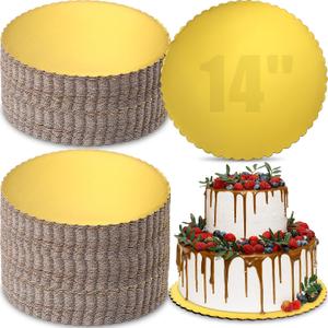 Dandat 50 Pcs 14 Inches Gold Cake Boards Round Cake Base Disposable Pie Plate Bulk Sturdy Circle Cardboard Scalloped Base for Birthday Decorating New Year Displaying Cakes Pizza Pie