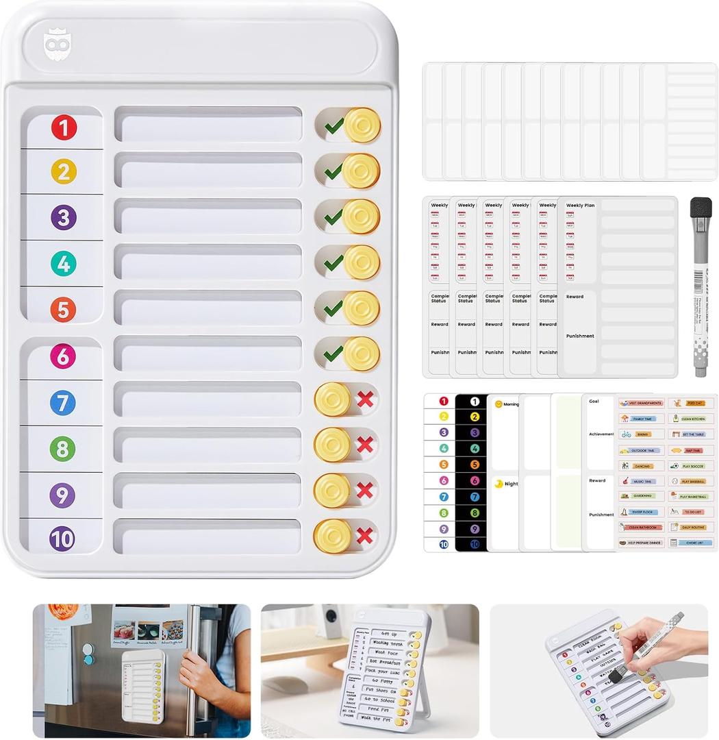 Magnetic Chore Chart for Kids, ADHD Tools for Kids to Do List Checklist Task Board Routine Chart Planning Board for Fridge with 10 Sliders and Magnetic Marker - White
