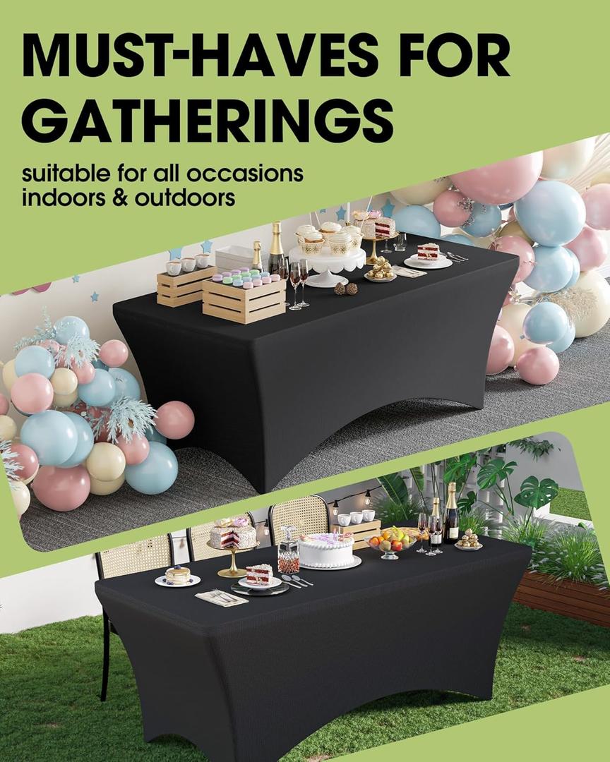 Pureegg Spandex Tablecloth 6ft - 5 Pack, Fitted and Stretch Table Cover for Rectangle Tables, Wrinkle-Resistant and Secure Fabric for Outdoor, Picnic, Party, Wedding, Banquet and Birthday, Black