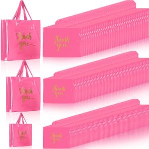 Teling 200 Pcs Thanks Bags with Handle Bulk Thank You Merchandise Bags 3 Size Plastic Packet Retail Shopping Package for Boutique 9 x 12'', 12 x 15'', 15 x 18''(Pink)