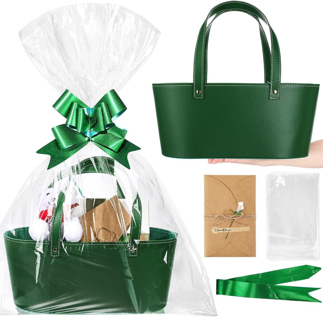 Wonderjune Empty Gifts Baskets Gift Basket with Leather Gift Bags Ribbons Greeting Cards Empty Baskets with Handles for Easter Lover Birthday Shower Favor Wrapping(Green,Large