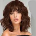 AISI HAIR Synthetic Wavy Curly Bob Wig with Bangs Ash Auburn Short Wavy Hair for Women Synthetic Heat Resistant Bob Wigs