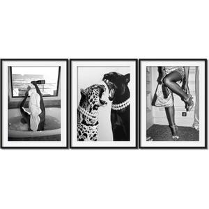 Black and White Wall Art Prints, Set of 3 Canvas Poster Fashion Woman with Champagne,Wild Leopard and Panther Painting, Black and white Decor,Modern Home Decor for Living Room, Bedroom16x20IN Unframed