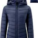 Gihuo Women's Packable Lightweight Hooded Puffer Jacket Quilted Winter Outdoor Jacket with Storage Bag (Navy), S