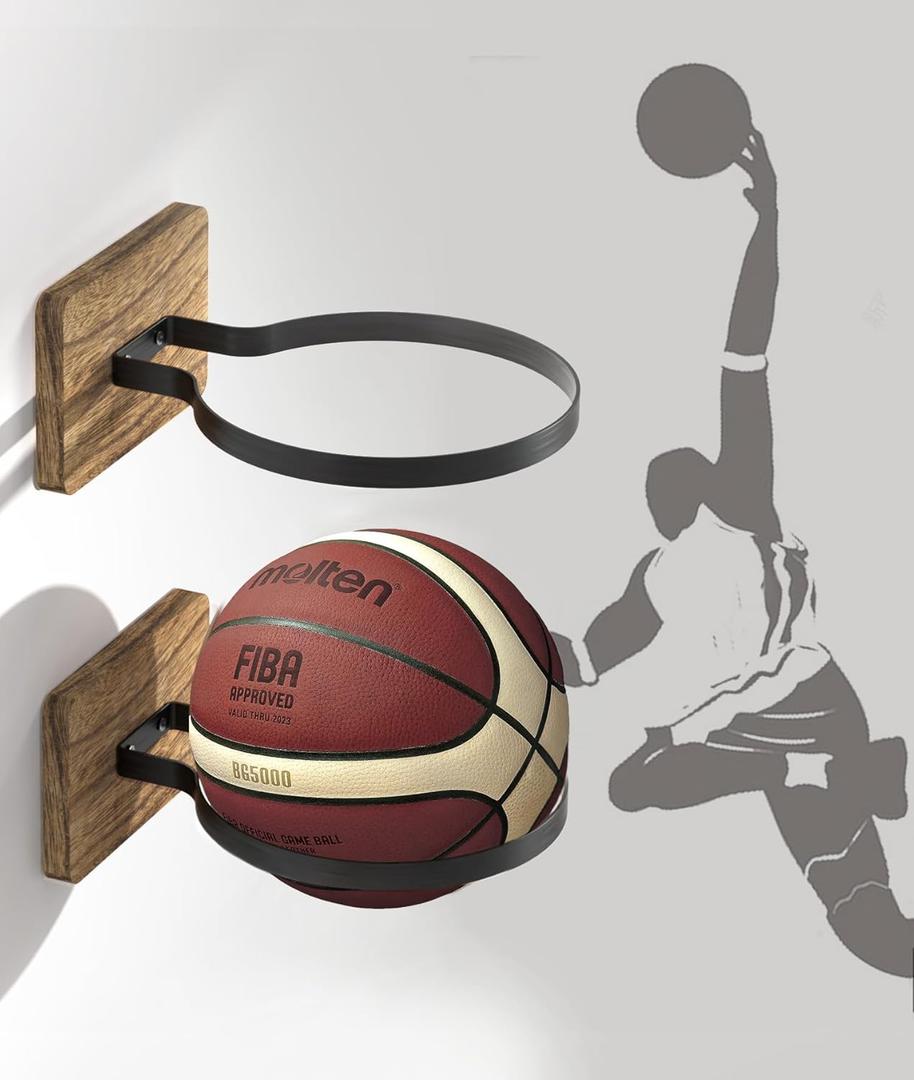 AIDILI Wall Mount Basketball Holder, Ball Storage Holders Display Rack for Autograph Basketball, Football, Soccer, Volleyball Collection, Sports Accessories Organizer for Player Fans (Carbon Brown-2 Packs)