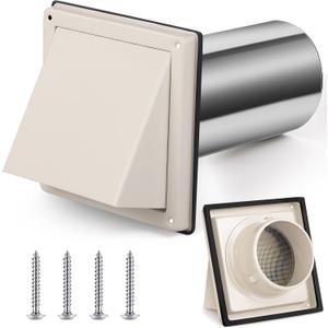 Gisafai 6" Dryer Vent Cover Outside with Stainless Steel Mesh Wall Dryer Exhaust Cap and Removable Extended Pipe Vent Shroud Hood Cushioned Non Return Flap with Sealing Gasket Grille(Tan)
