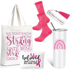Silkfly 5 Pcs Book Lovers Gifts Set, Gifts for Book Lovers, Includes 20 oz Tumbler Socks Bookmark Tote Bag and Cosmetic Bag (Pink Ribbon)