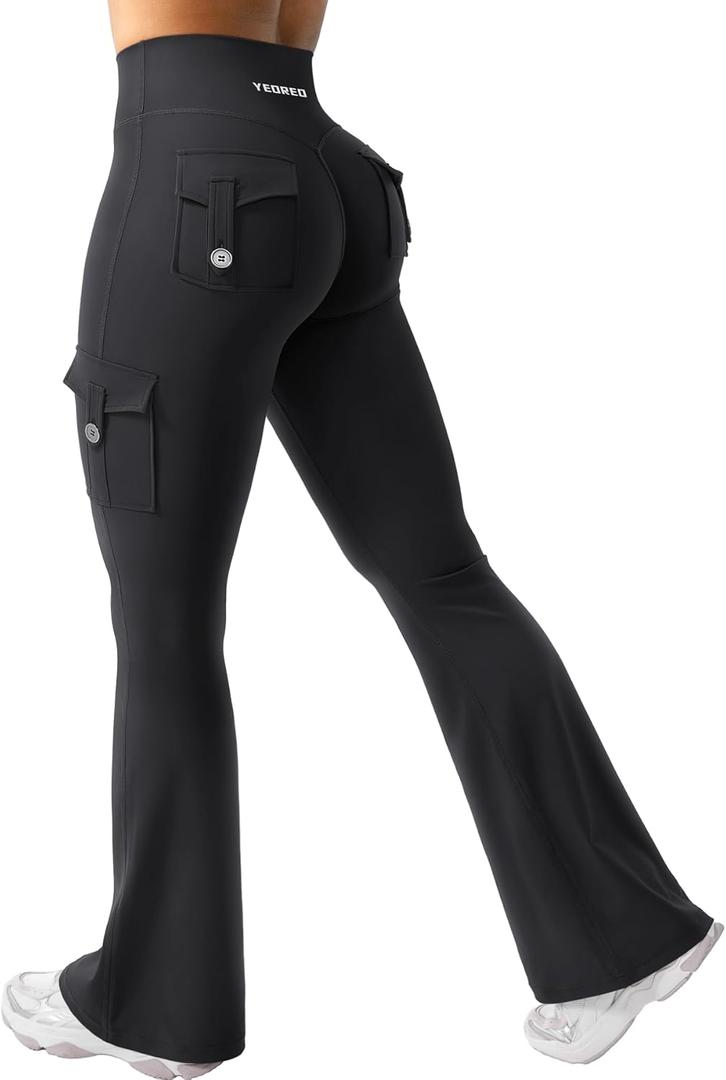 YEOREO CoreFlex Women Workout Flare Leggings with Pockets Hidden Scrunch High Waisted Cargo Gym Yoga No Front Seam Leggings (Medium, Black)