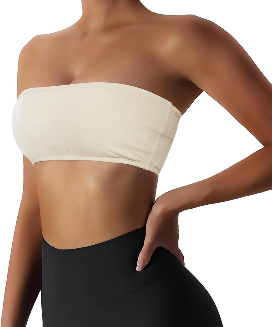 Boudaner Women’s Padded Bandeau Sports Tube Top Bra Strapless Wireless Solid Seamless Yoga Workout Bralette Beige, XX-Large