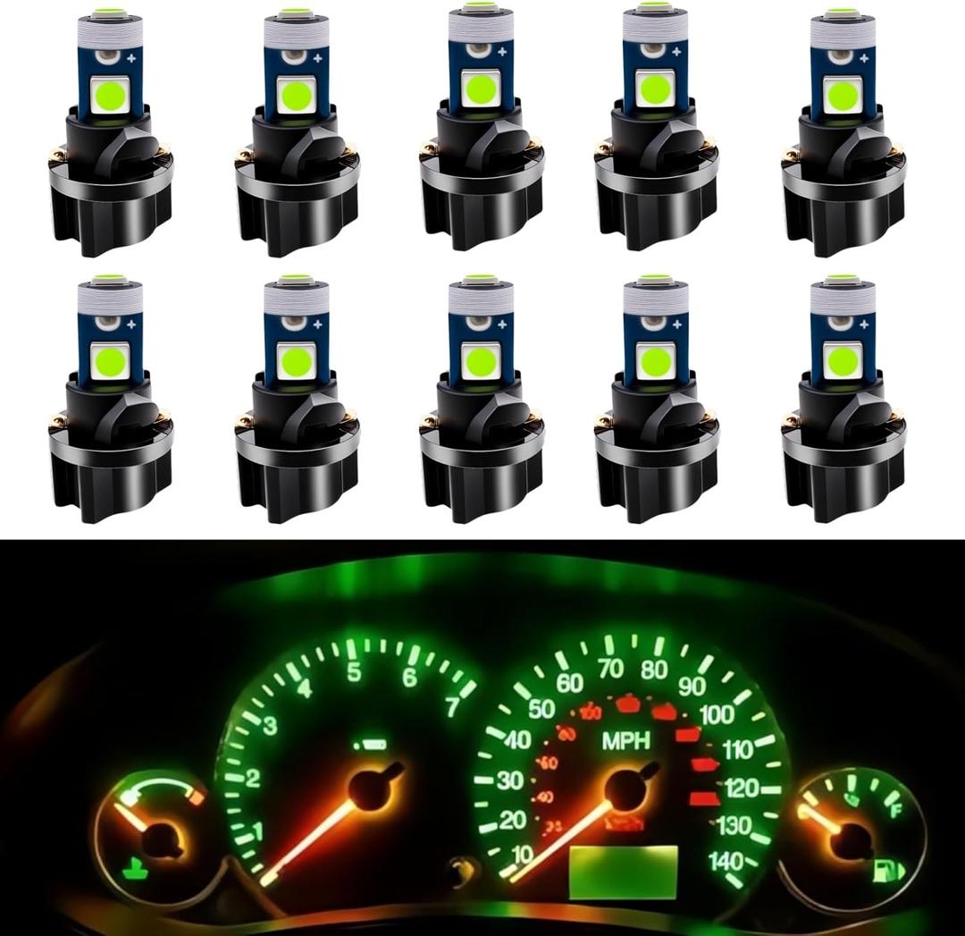 WLJH 10 Pack Green Canbus T5 Led Bulb 2721 37 74 Wedge Lamp PC74 Twist Sockets Dash Dashboard Lights Instrument Panel Cluster Leds Replacement
