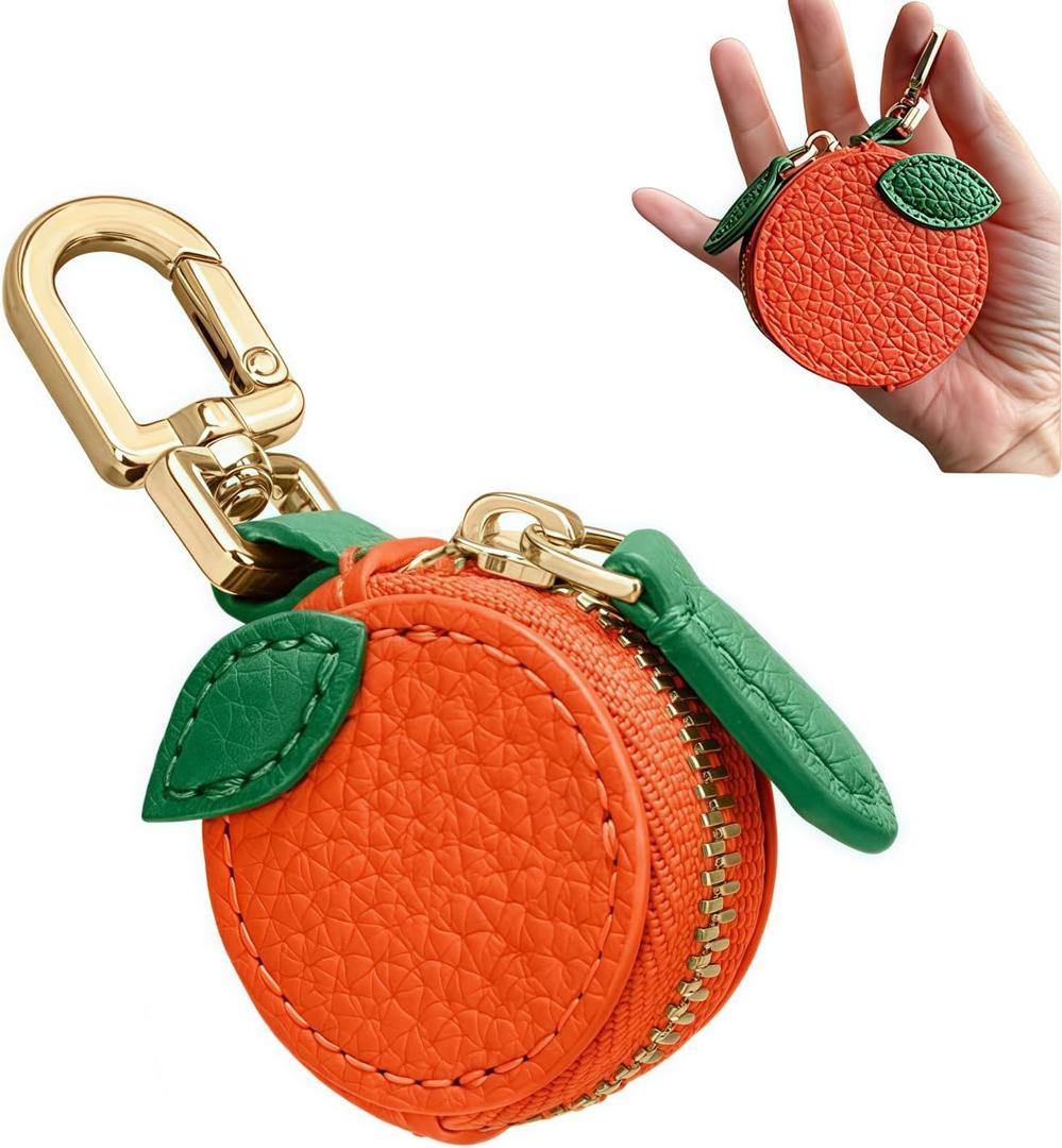 Cute Fruit Mini Coin Purse Keychain,Strawberry Cherry Leather Zipper Wallet Handbag Accessories For Women And Girls (Oranges)