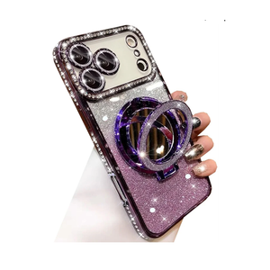 Magnetic Kickstand Glitter Case for iPhone 17 Pro Max,[Compatible with Magsafe] Cute Bling Sparkly Rhinestone with Camera Protector Makeup Mirror Women Girls Case for iPhone 17 Pro Max,Purple