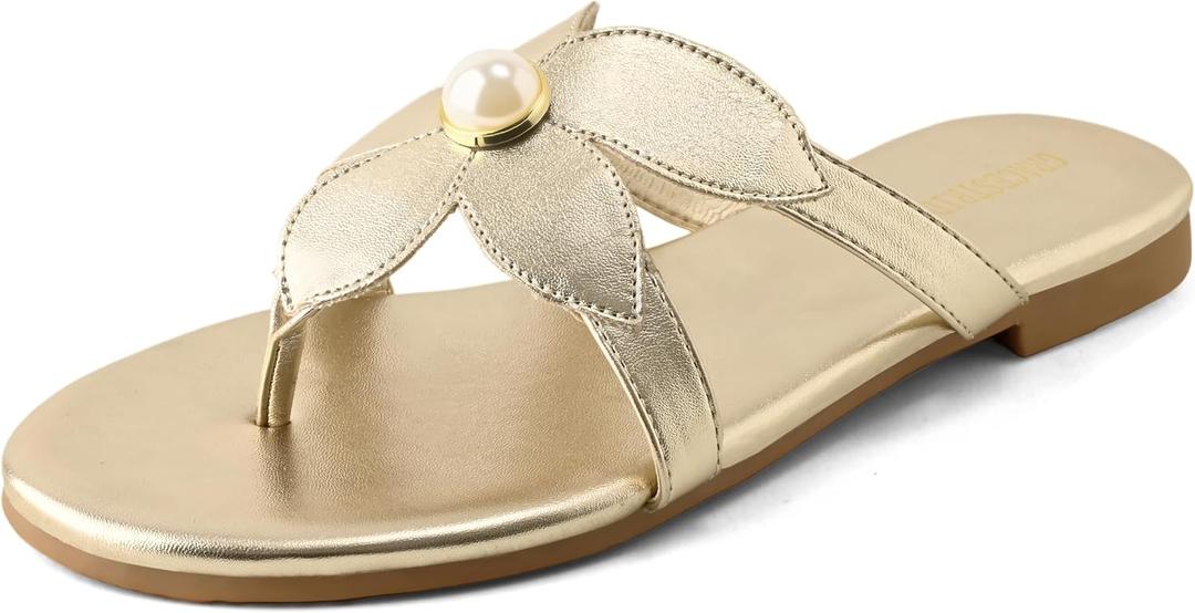 Flat Sandals for Women Pearl Slides Flower Flip Flops Round Toe Comfortable Beach Dressy Shoes