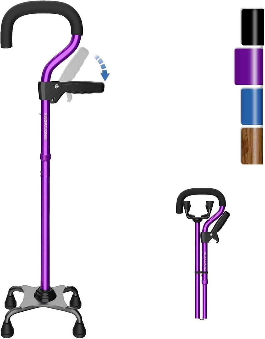 KingPavonini Canes for Women/Men with Second Handle, Foldable & Adjustable Walking Cane with 4-Pronged Base, Quad Cane for Stability, Standing, Balance, Leg Surgery Recovery