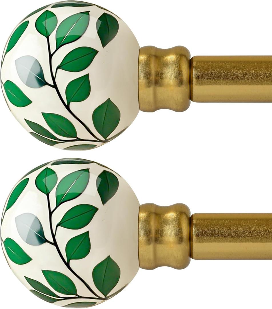 Ceramic Curtain Rods Gold Set of 2 for Windows 28 to 48 Inches Adjustable Length Duty 1" Diameter Window Curtain Rod with Modern Green Leaf Pattern Decorative Finials for Bedroom Living Room Kitchen